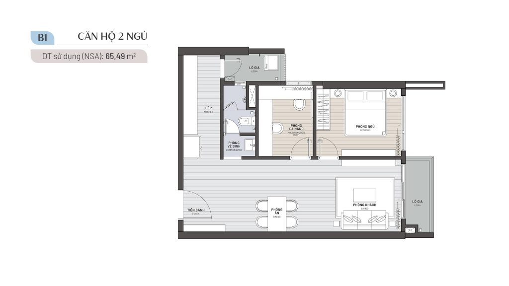 Căn 2PN 1WC 65.49m2 (mã căn 03 - 04 -23 - 24 - 28)