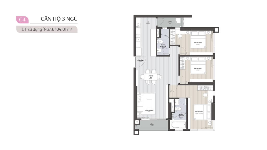 Căn hộ 3PN 104.01 m2 (mã căn 05 - 06 - 20)