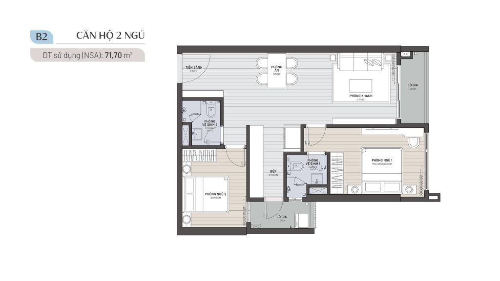 Căn hộ 2PN 2WC 71.7m2 (mã căn 07 - 08 - 09 - 12 - 12A -16 - 17 - 18 - 19 - 25 - 29 - 30)
