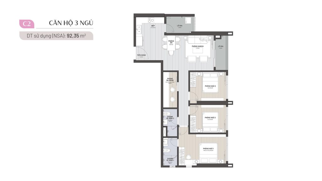Căn hộ 3PN 92.35 m2 (mã căn 10 - 26)