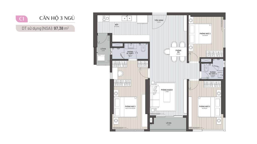 Căn hộ 3PN 97.38m2 (mã căn 27)