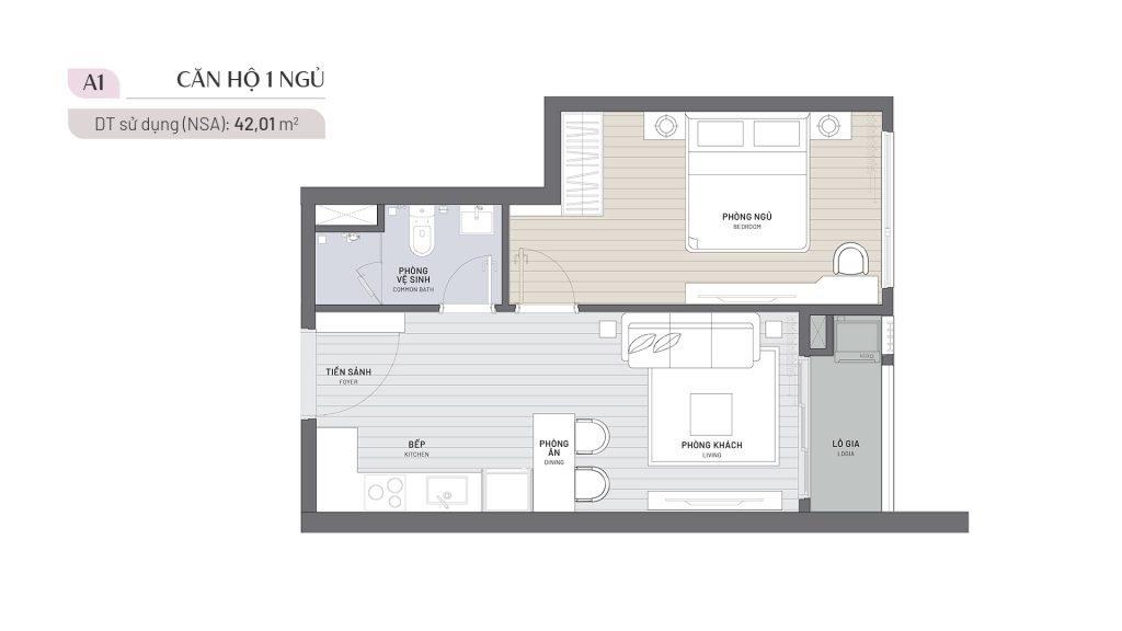 Căn 1PN 42m2 mã căn 01 - 22