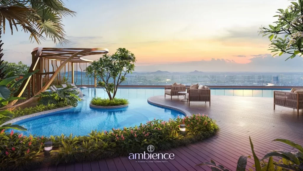 Bể bơi vô cực nằm tại tầng 4 tòa căn hộ theo phong cách resort