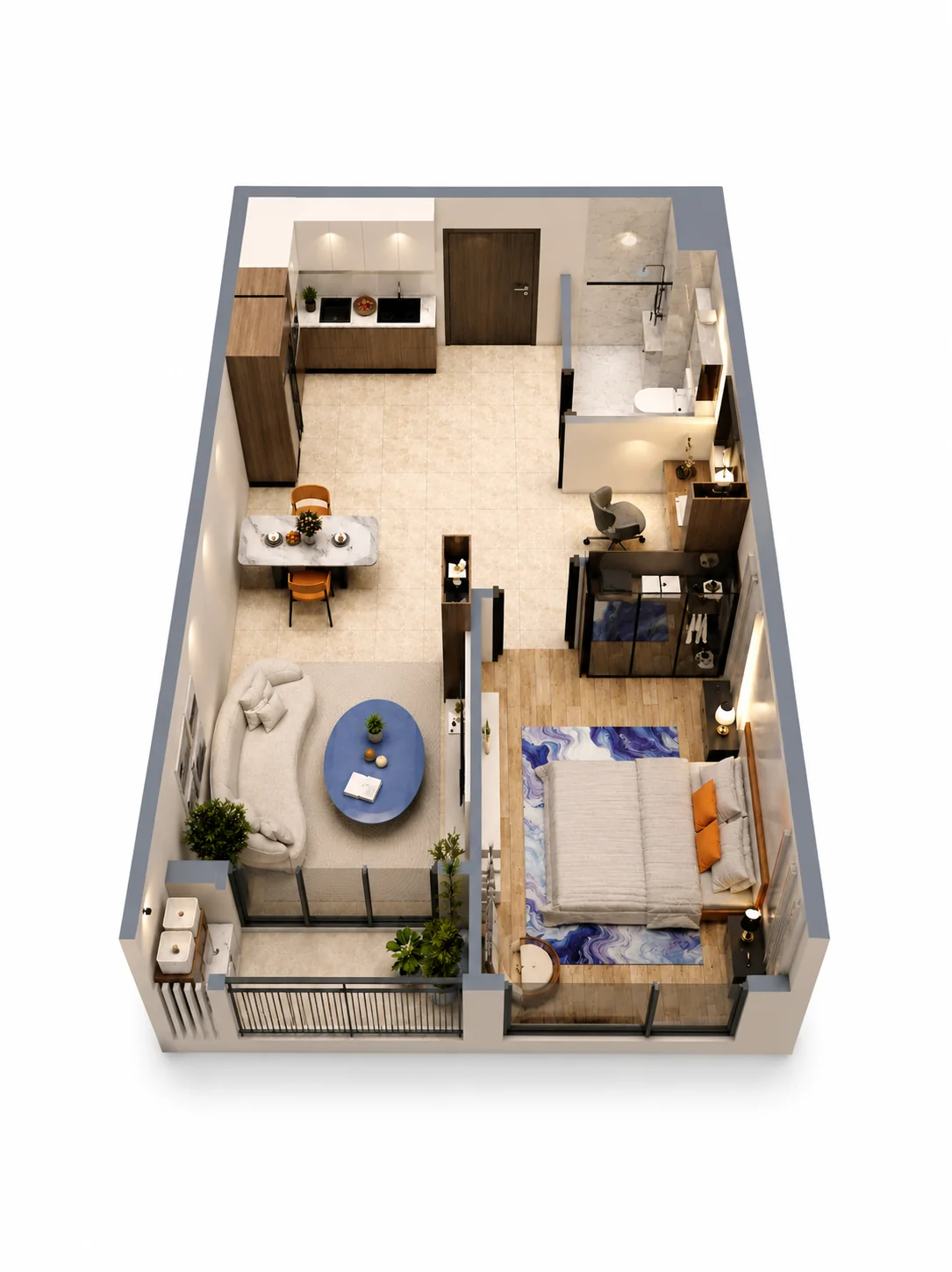 Layout bóc mái căn hộ 1 phòng ngủ Ambience Hải Phòng diện tích 42–54 m²