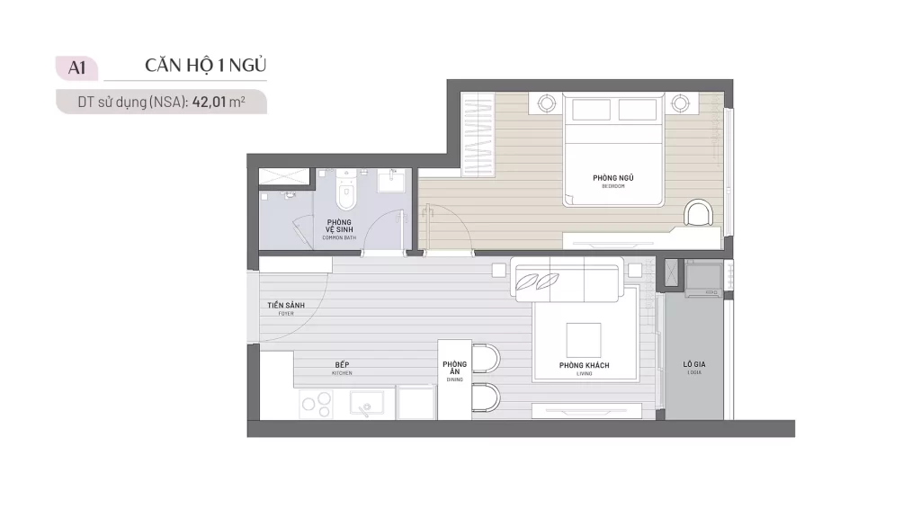Layout căn hộ 1 phòng ngủ diện tích 42 m² tại Ambience Hải Phòng
