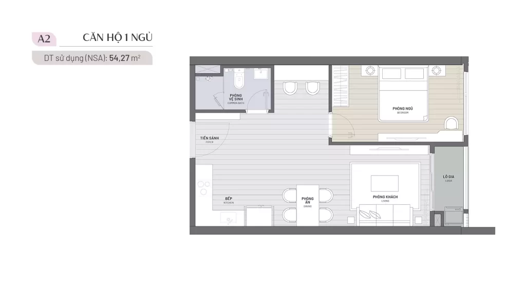 Layout căn hộ 1 phòng ngủ diện tích 54 m² tại Ambience Gamuda Hải Phòng