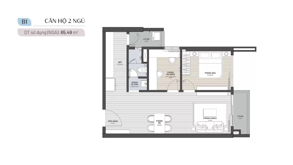 Layout căn hộ 2 phòng ngủ diện tích 65 m² tại Ambience Hải Phòng