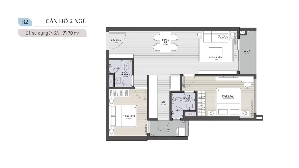 Layout căn hộ 2 phòng ngủ diện tích 71m² tại Gamuda Hải Phòng