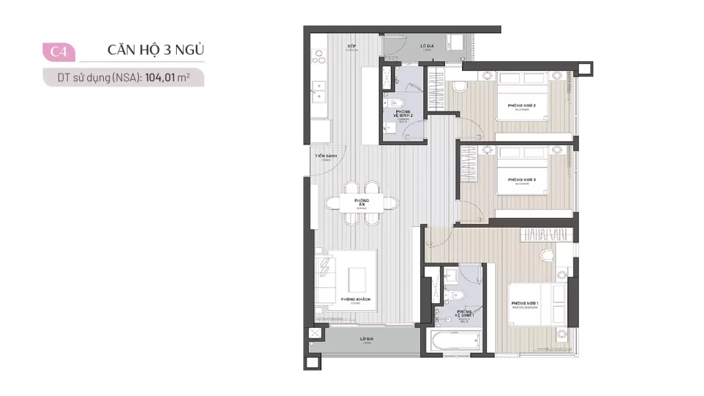 Layout căn hộ 3 phòng ngủ diện tích 104 m² tại Ambience Hải Phòng