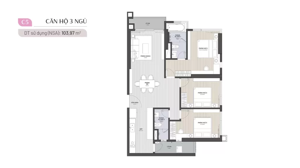 Layout căn hộ 3 phòng ngủ diện tích 104 m² tại Ambience Gamuda Hải Phòng