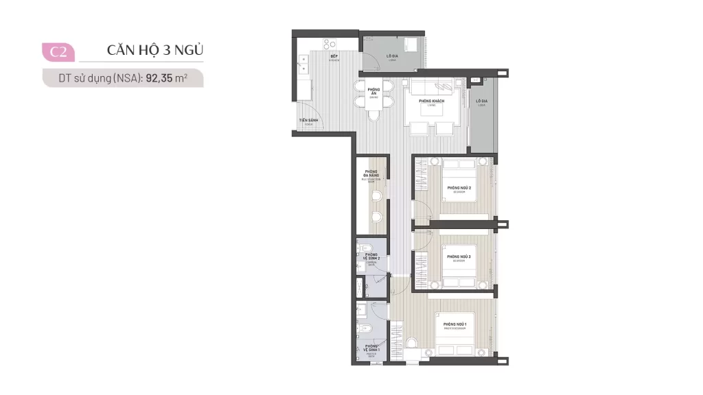 Layout căn hộ 3 phòng ngủ diện tích 92 m² tại Ambience Gamuda Hải Phòng