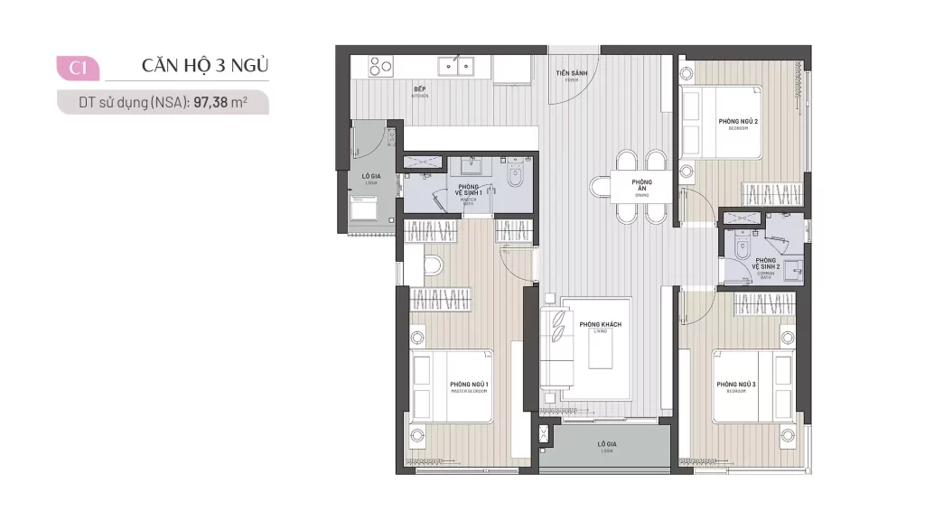 Layout căn hộ 3 phòng ngủ diện tích 97 m² tại Ambience Hải Phòng