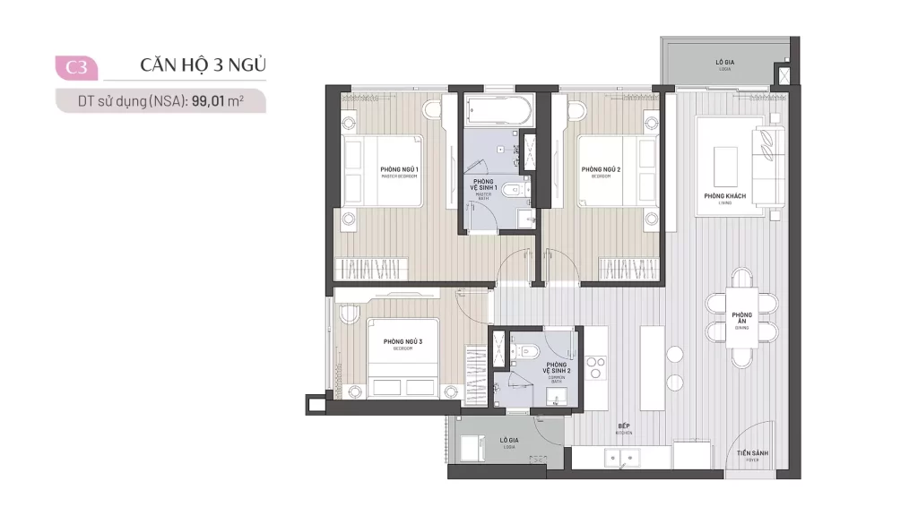 Layout căn hộ 3 phòng ngủ diện tích 99 m² tại Gamuda Hải Phòng