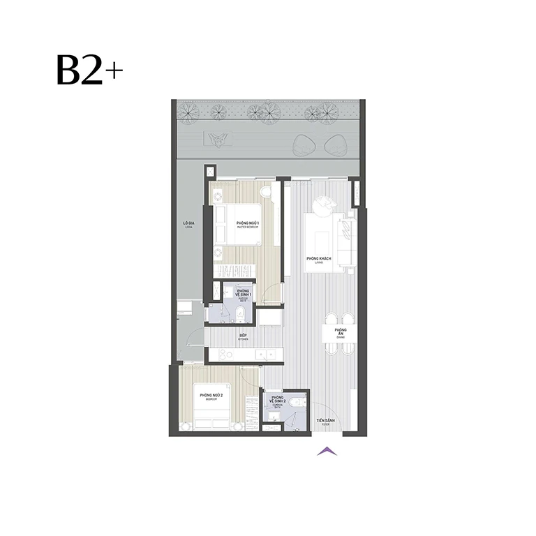 Layout căn hộ sân vườn 2 phòng ngủ 100 m² dự án Ambience Gamuda Hải Phòng