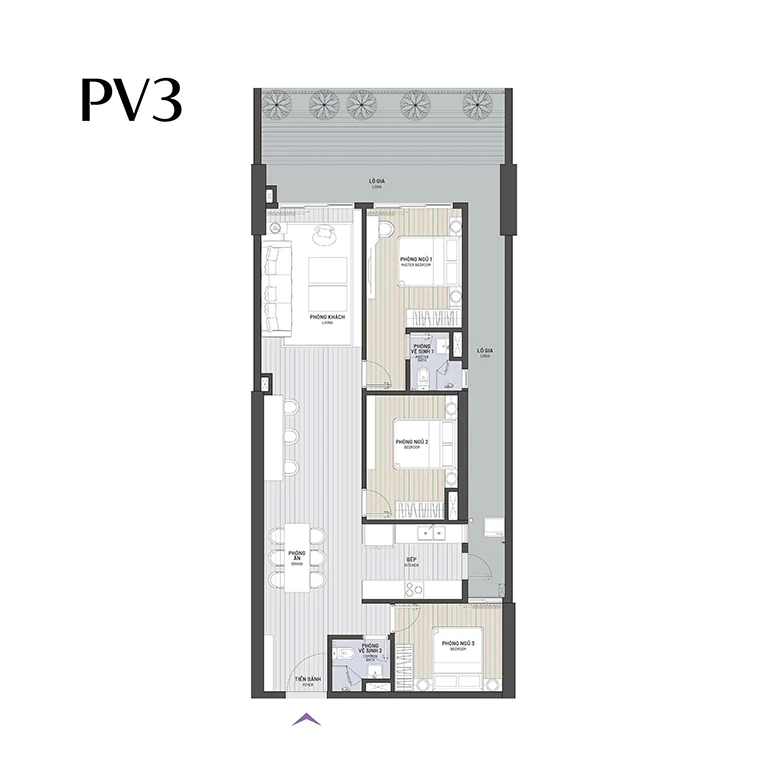 Layout căn hộ sân vườn 3 phòng ngủ 138 m² (mã PV3) tại Ambience Hải Phòng